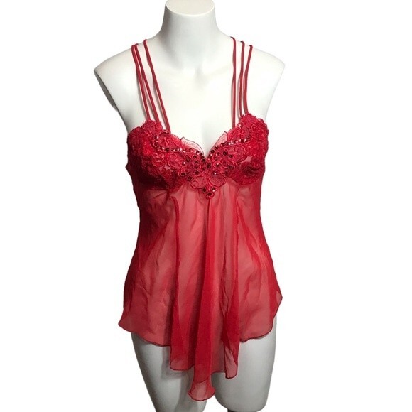 Vintage Cherry Red lace & mesh lingerie cami top - Picture 1 of 6